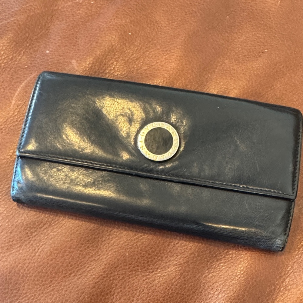 Bulgari Black Leather Wallet with Silver Accent
